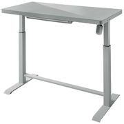 Moderner höhenverstellbarer E-Schreibtisch in seitlicher Perspektive mit grauer Tischplatte und stabilen Metallbeinen.