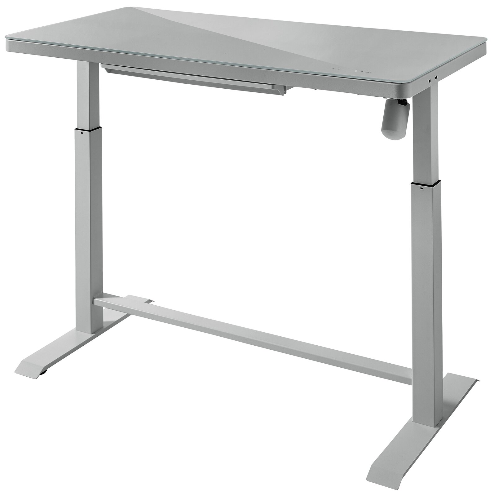 Moderner höhenverstellbarer E-Schreibtisch in seitlicher Perspektive mit grauer Tischplatte und stabilen Metallbeinen.