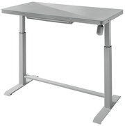 Moderner höhenverstellbarer E-Schreibtisch in seitlicher Perspektive mit grauer Tischplatte und stabilen Metallbeinen.