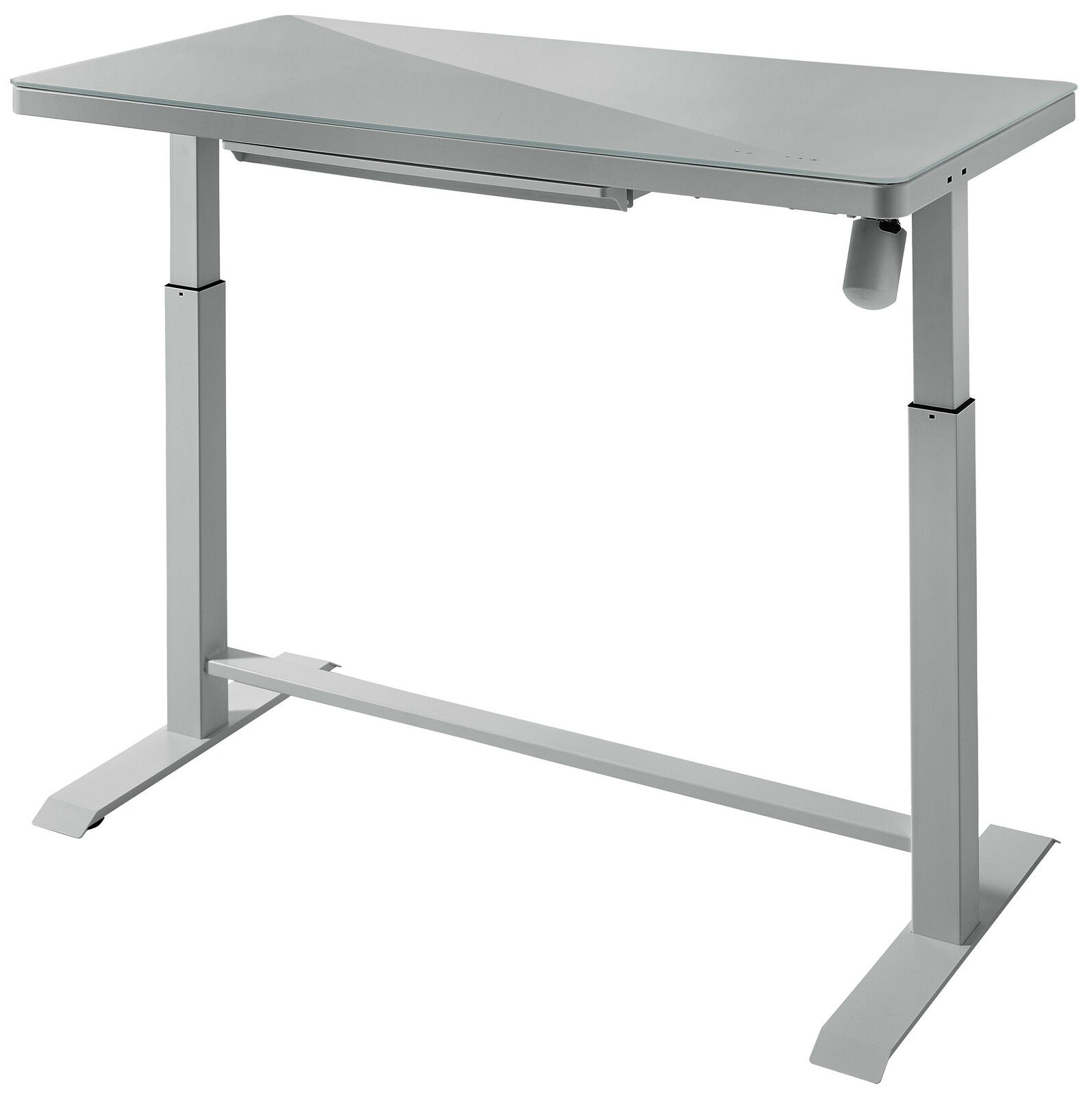 Moderner höhenverstellbarer E-Schreibtisch in seitlicher Perspektive mit grauer Tischplatte und stabilen Metallbeinen.