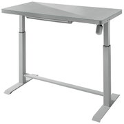 Moderner höhenverstellbarer E-Schreibtisch in seitlicher Perspektive mit grauer Tischplatte und stabilen Metallbeinen.