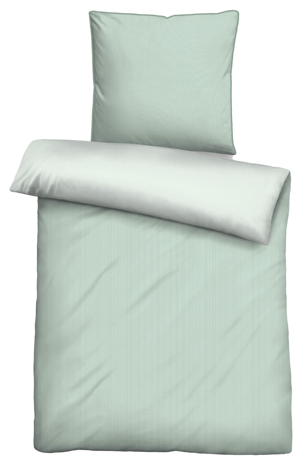 Biberna Bettwäsche Bettwäsche-Set in hellem Grün, bestehend aus einem Kissenbezug und einem Deckenbezug, aus der Vogelperspektive fotografiert.