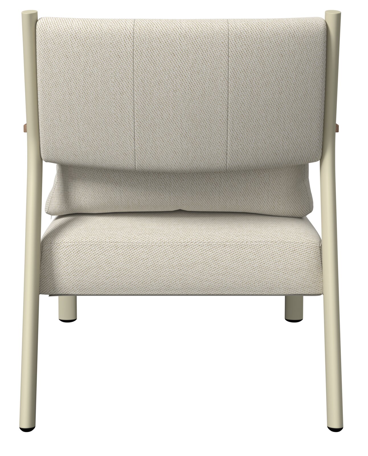 Vooraanzicht van een moderne tuinstoel met beige bekleding en een lichtkleurig frame.