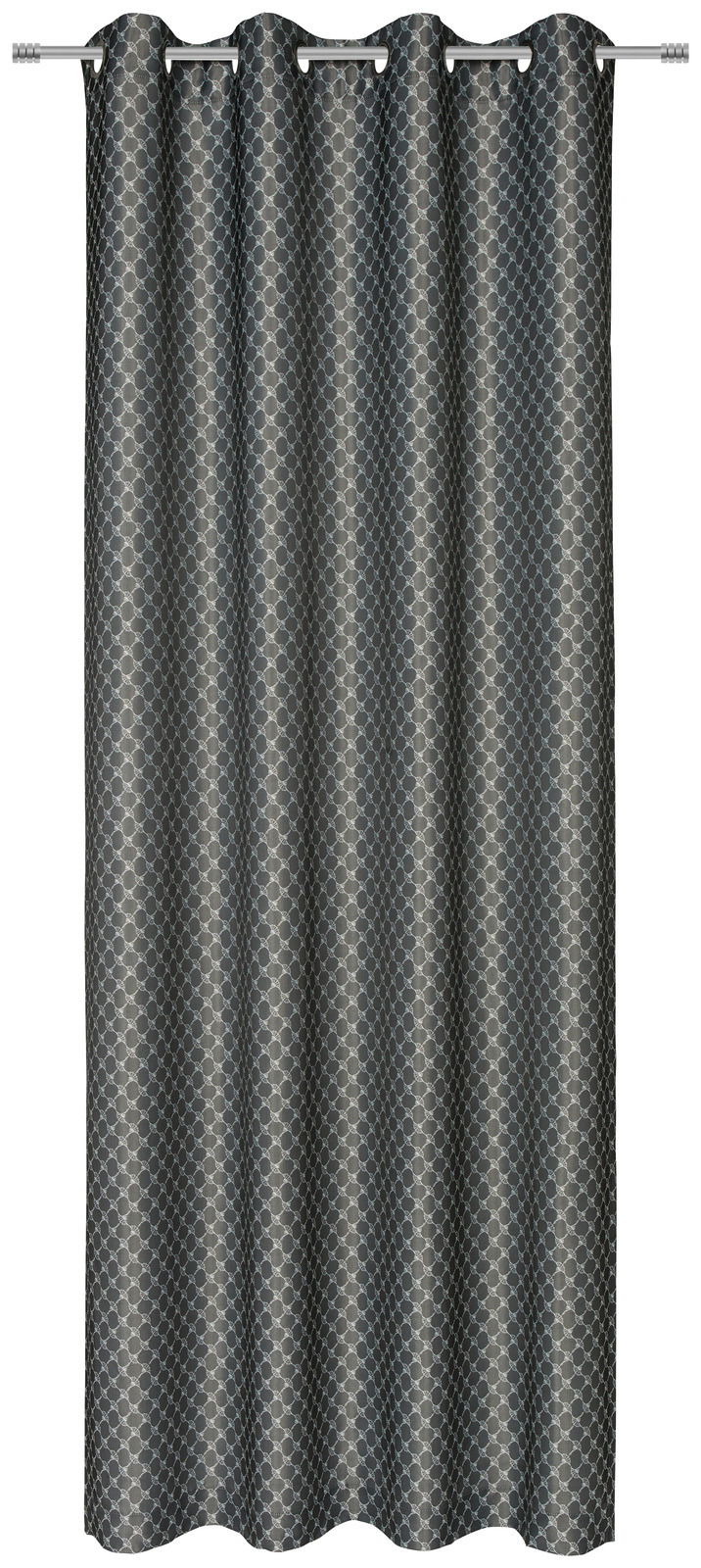 Grauer Ösenvorhang mit geometrischem Muster, frontal aufgenommen.