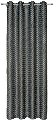 Grauer Ösenvorhang mit geometrischem Muster, frontal aufgenommen.