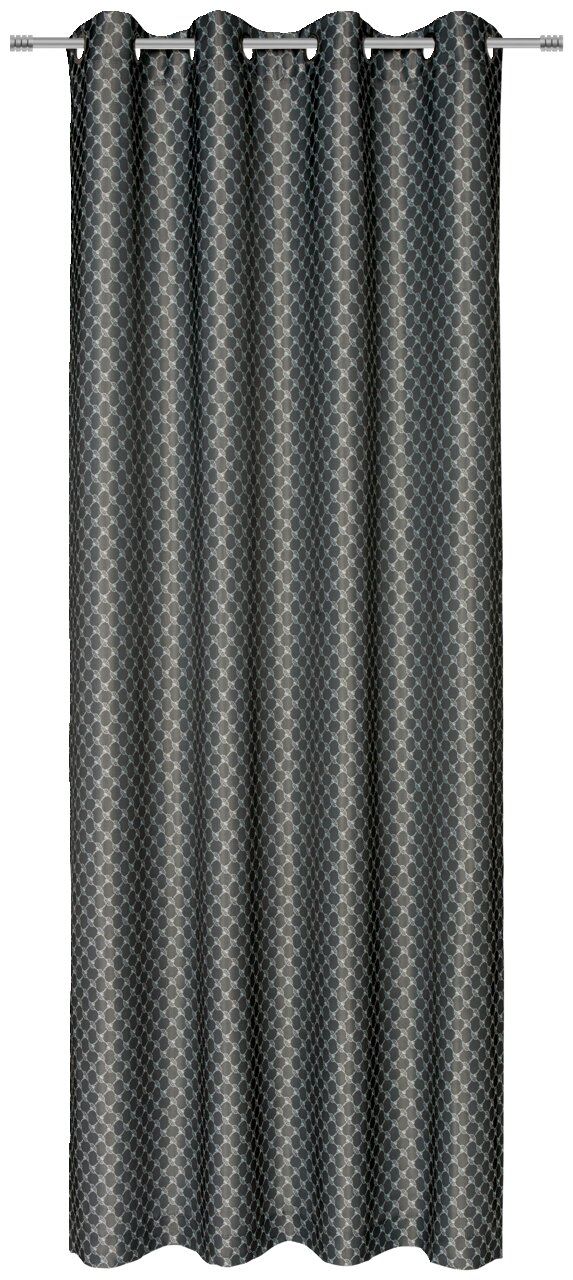 Grauer Ösenvorhang mit geometrischem Muster, frontal aufgenommen.