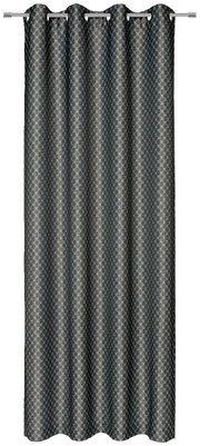 Grauer Ösenvorhang mit geometrischem Muster, frontal aufgenommen.