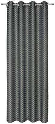 Grauer Ösenvorhang mit geometrischem Muster, frontal aufgenommen.