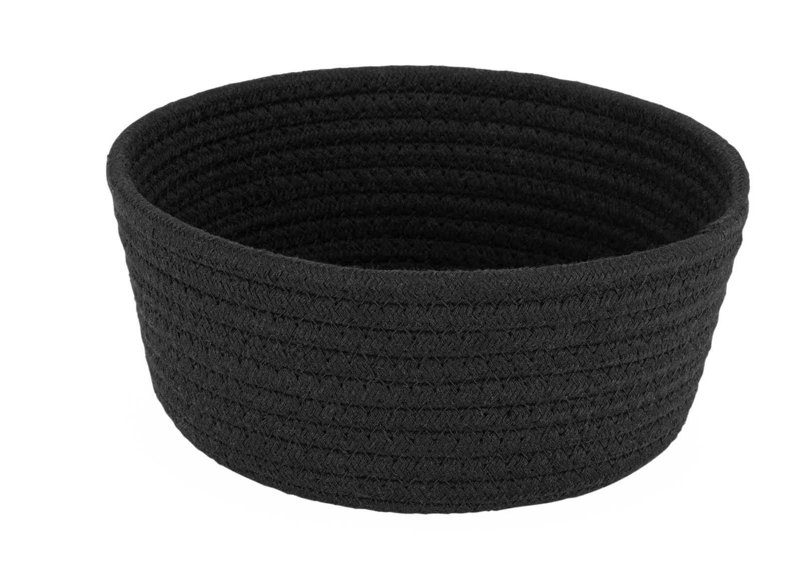 Schwarzer, runder Brotkorb aus geflochtenem Material, seitliche Perspektive