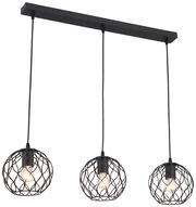 Moderne Hängeleuchte mit drei schwarzen, kugelförmigen Lampenschirmen aus Metall in Drahtoptik, von vorne betrachtet.