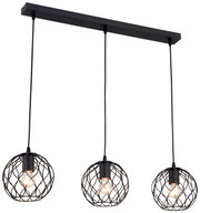 Moderne Hängeleuchte mit drei schwarzen, kugelförmigen Lampenschirmen aus Metall in Drahtoptik, von vorne betrachtet.