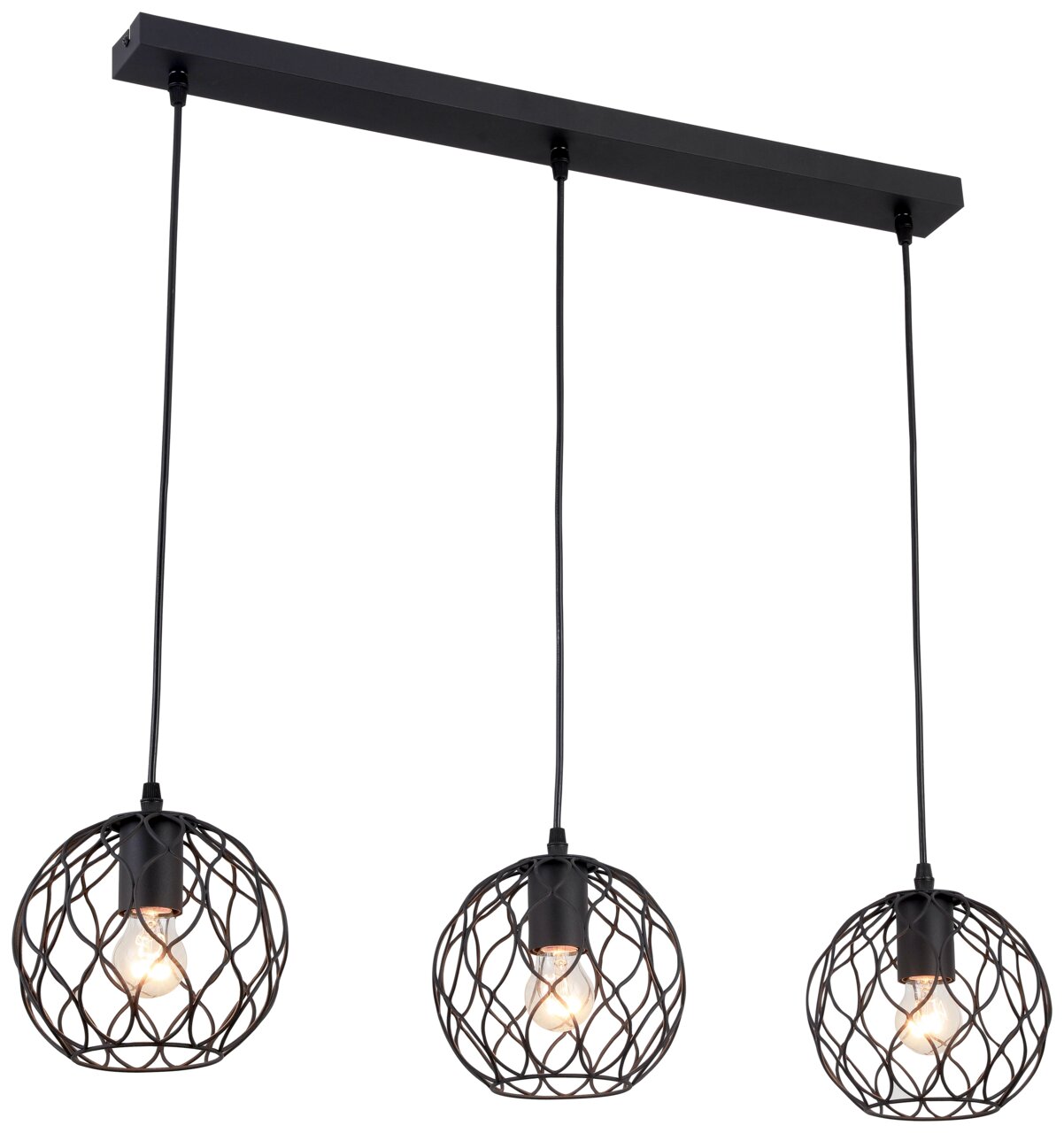 Moderne Hängeleuchte mit drei schwarzen, kugelförmigen Lampenschirmen aus Metall in Drahtoptik, von vorne betrachtet.