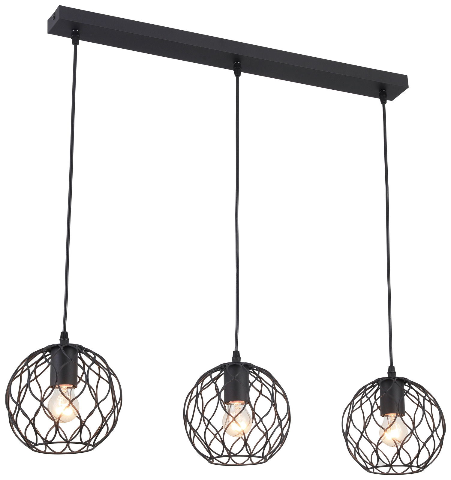 Moderne Hängeleuchte mit drei schwarzen, kugelförmigen Lampenschirmen aus Metall in Drahtoptik, von vorne betrachtet.