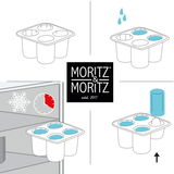 Illustration einer Eiswürfelform mit vier Fächern, die mit Wasser gefüllt und in den Gefrierschrank gestellt wird. Perspektive von oben und seitlich.
