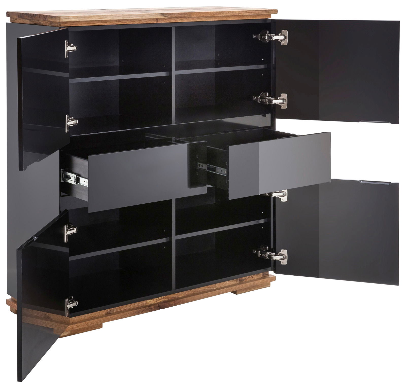 Highboard mit schwarzem Hochglanz-Finish, offenen Türen und Schubladen, aus der Frontperspektive.