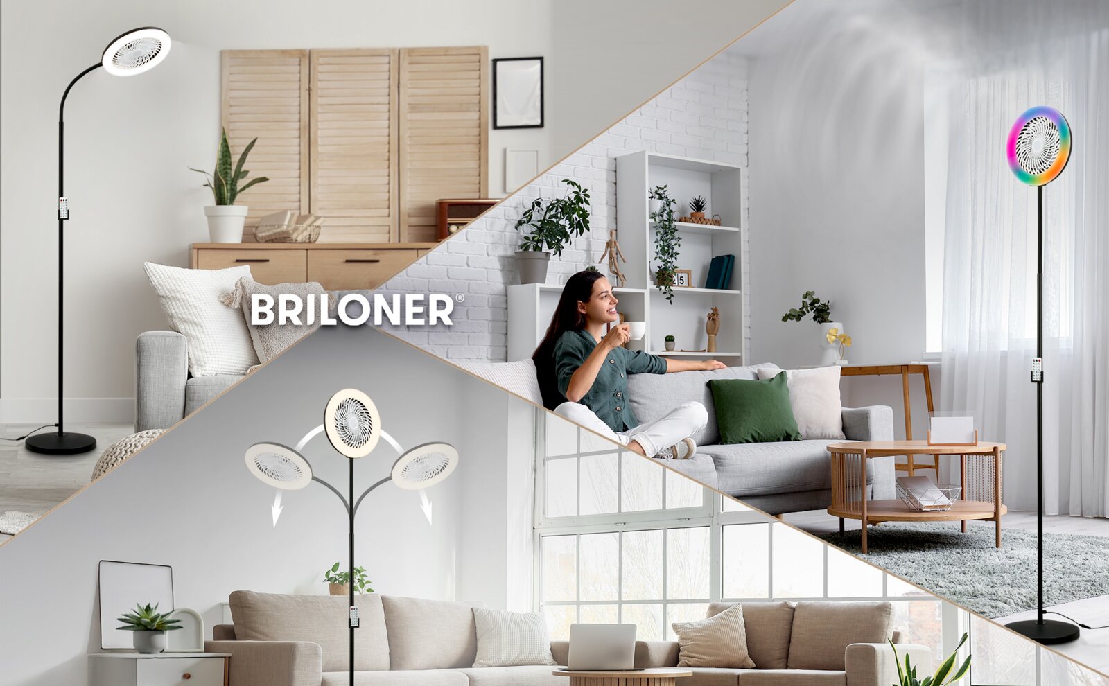 BRILONER LED-Deckenfluter in Schwarz mit rundem Lampenkopf und integriertem Ventilator, inkl. Fernbedienung, in Wohnzimmer-Szene aus frontaler Perspektive