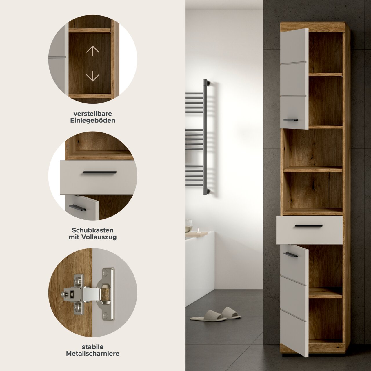 Hoher Badezimmer-Hochschrank in Holzoptik mit weißen Fronten, geöffneten Türen und Schublade, verstellbaren Einlegeböden, Vollauszug und Metallscharnieren, in frontaler Perspektive leicht von rechts im Bad gezeigt