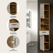 Hoher Badezimmer-Hochschrank in Holzoptik mit weißen Fronten, geöffneten Türen und Schublade, verstellbaren Einlegeböden, Vollauszug und Metallscharnieren, in frontaler Perspektive leicht von rechts im Bad gezeigt