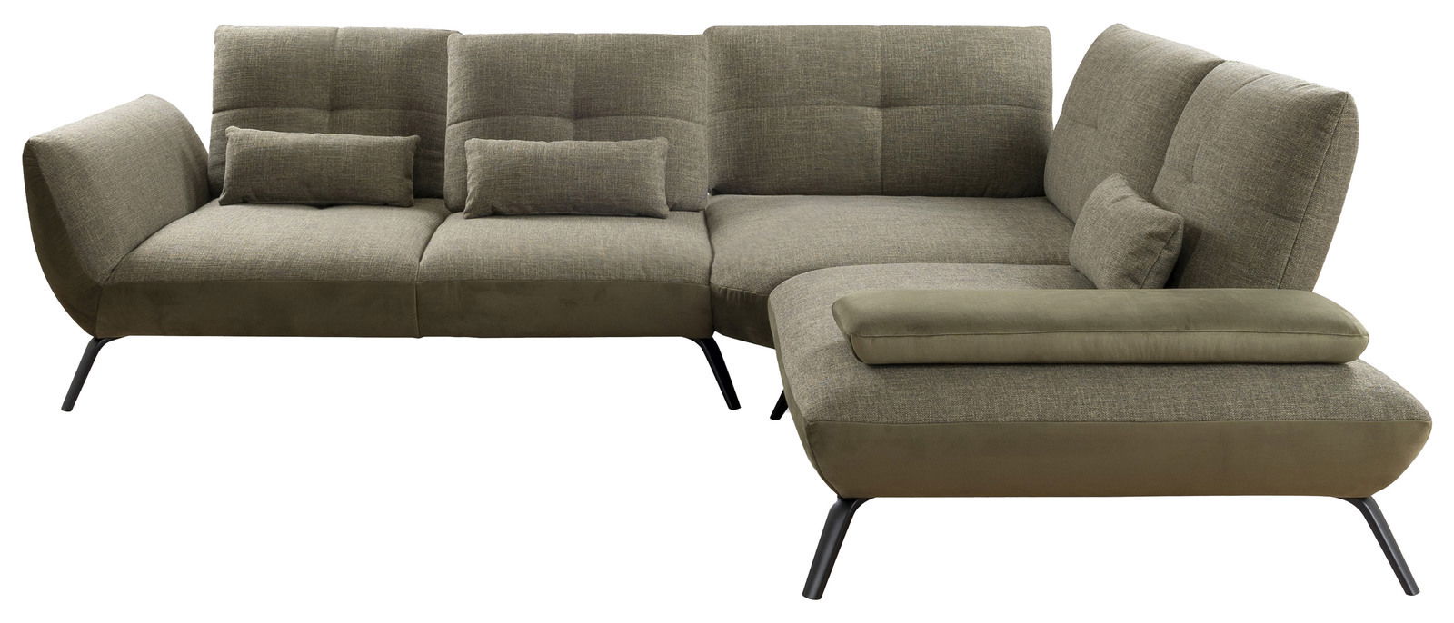 Grüne Rundecke mit modernem Design, bestehend aus zwei Teilen mit gepolsterten Rückenlehnen und Armlehnen, auf schwarzen Metallfüßen. Perspektive von vorne.