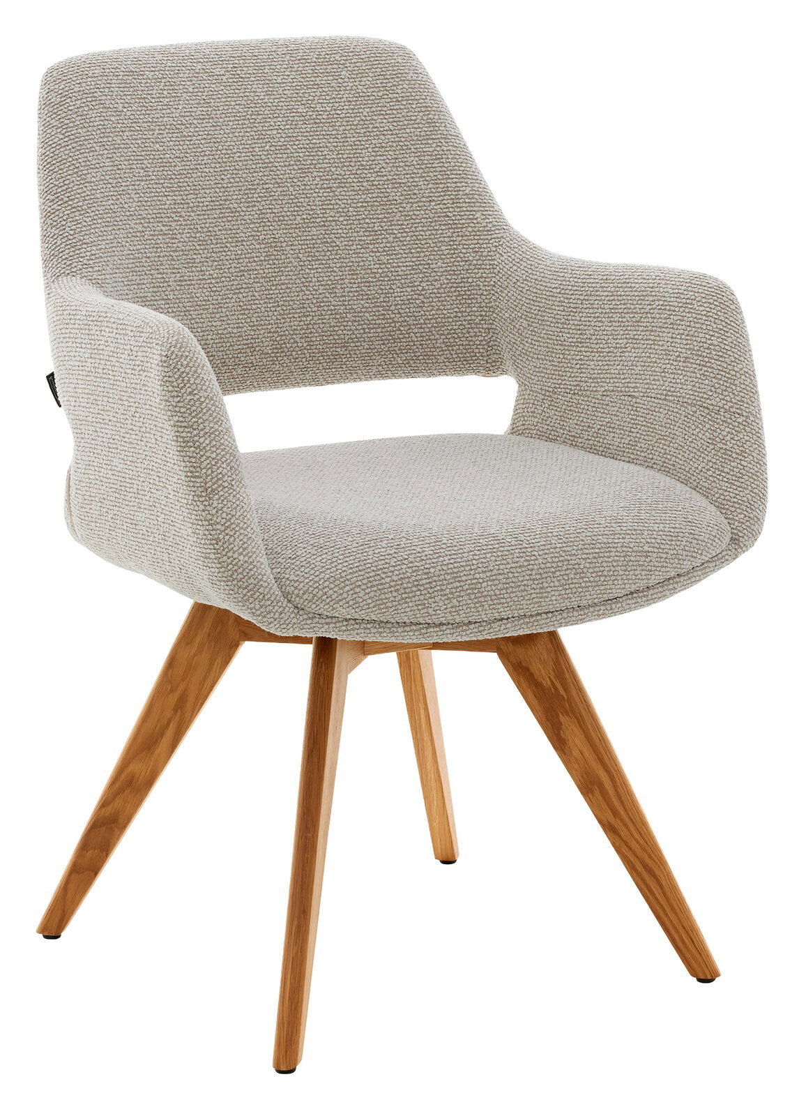 Moderner Armlehnstuhl mit hellgrauem Stoffbezug und Holzbeinen, seitliche Perspektive