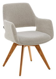 Moderner Armlehnstuhl mit hellgrauem Stoffbezug und Holzbeinen, seitliche Perspektive