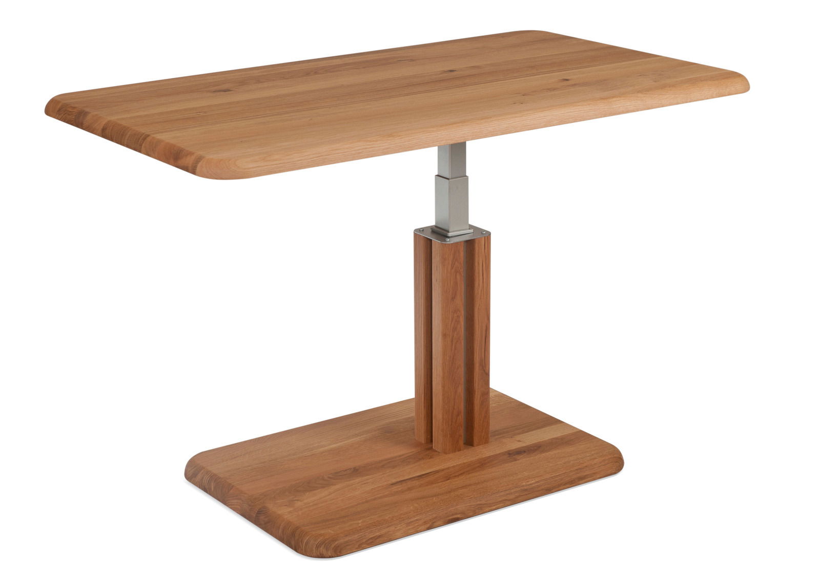 Moderner Couchtisch aus Holz mit rechteckiger Tischplatte und verstellbarem Metallgestell, seitliche Perspektive.