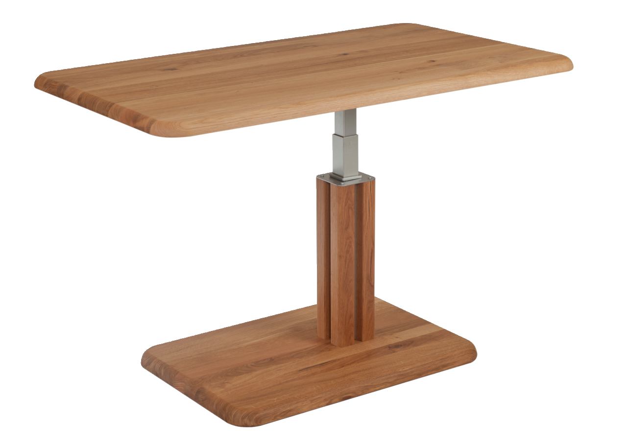 Moderner Couchtisch aus Holz mit rechteckiger Tischplatte und verstellbarem Metallgestell, seitliche Perspektive.