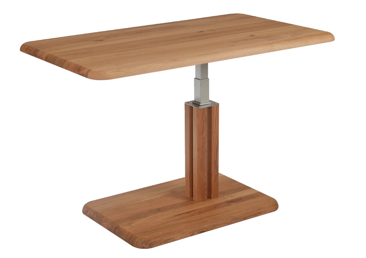 Moderner Couchtisch aus Holz mit rechteckiger Tischplatte und verstellbarem Metallgestell, seitliche Perspektive.