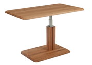 Moderner Couchtisch aus Holz mit rechteckiger Tischplatte und verstellbarem Metallgestell, seitliche Perspektive.