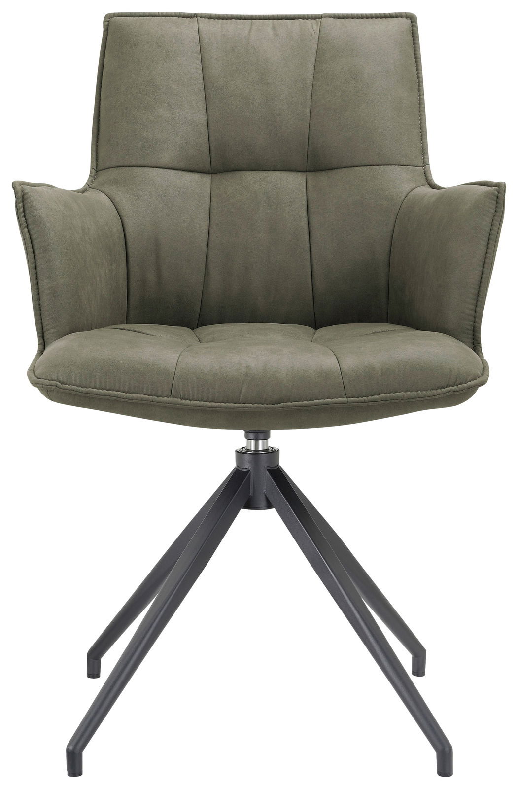 Moderner grüner Sessel mit gepolstertem Sitz und Rückenlehne, auf einem schwarzen Metallgestell, Frontalansicht.