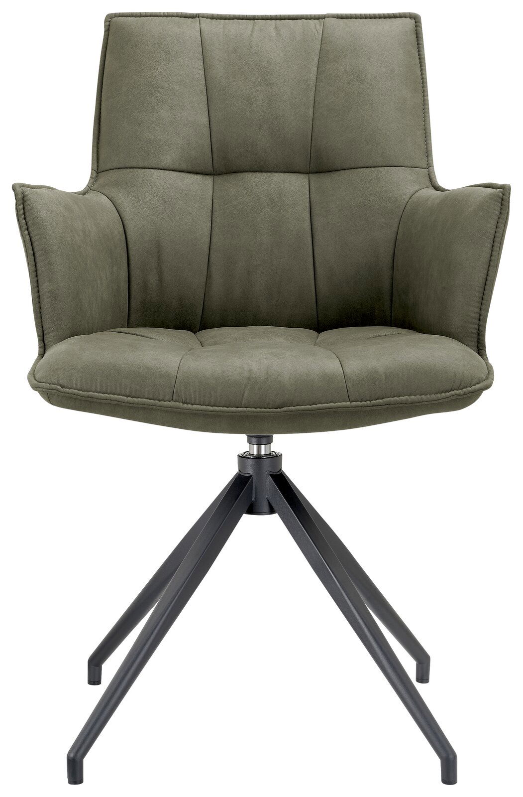 Moderner grüner Sessel mit gepolstertem Sitz und Rückenlehne, auf einem schwarzen Metallgestell, Frontalansicht.