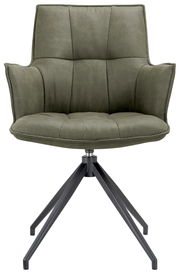 Moderner grüner Sessel mit gepolstertem Sitz und Rückenlehne, auf einem schwarzen Metallgestell, Frontalansicht.