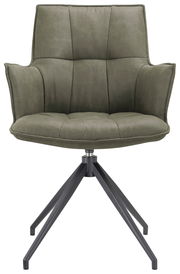 Moderner grüner Sessel mit gepolstertem Sitz und Rückenlehne, auf einem schwarzen Metallgestell, Frontalansicht.