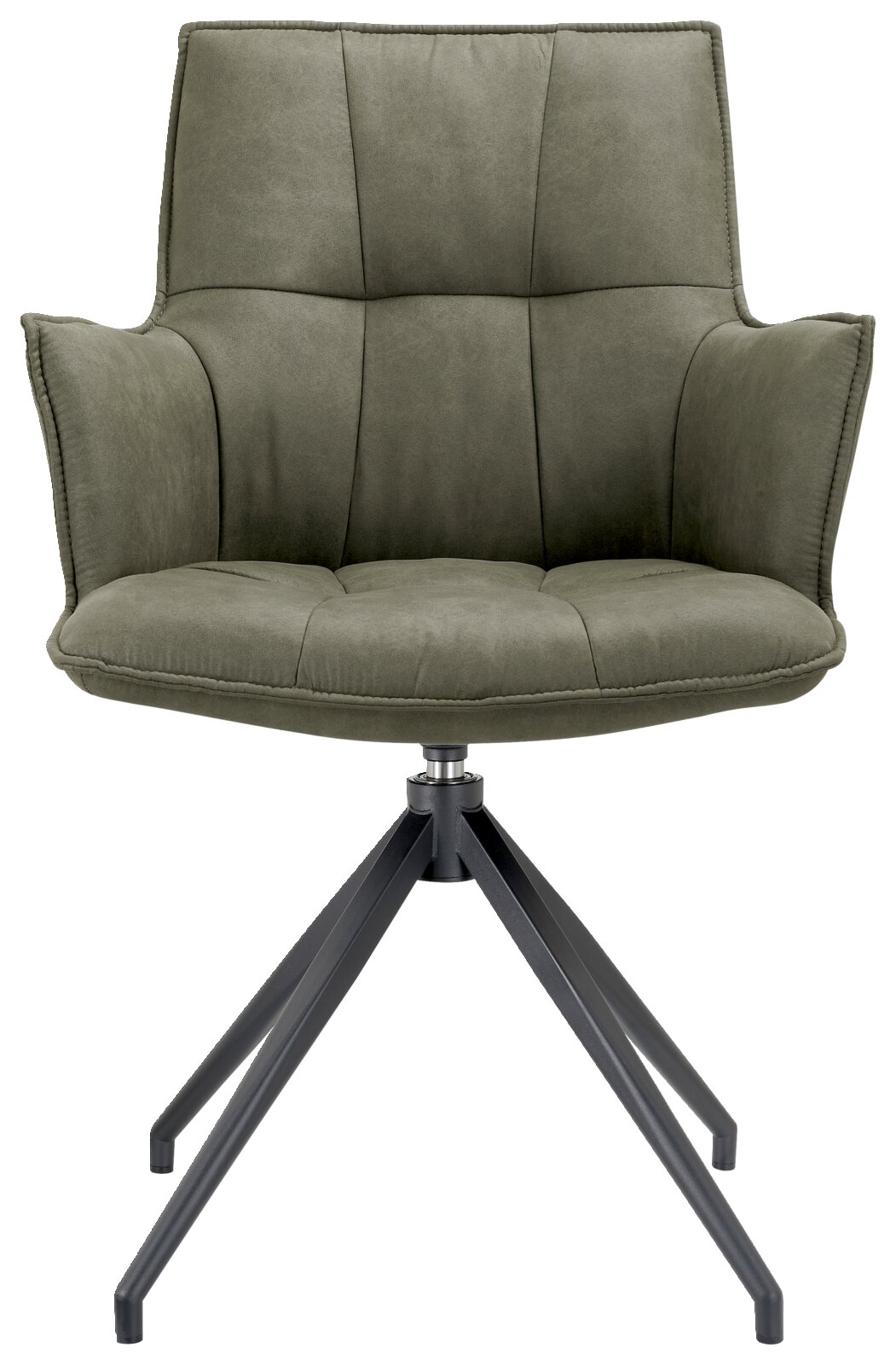 Moderner grüner Sessel mit gepolstertem Sitz und Rückenlehne, auf einem schwarzen Metallgestell, Frontalansicht.