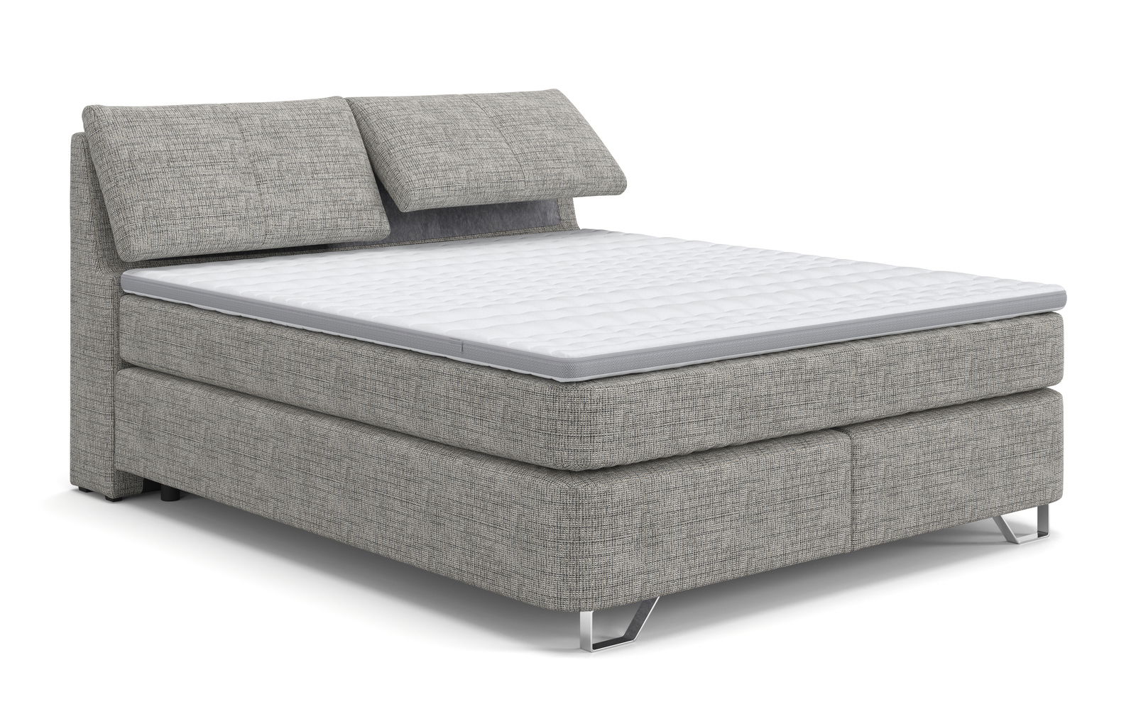 Graues Boxspringbett mit zwei Kopfkissen, seitliche Perspektive