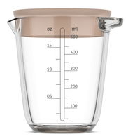 Glas-Messbecher mit 500 ml Fassungsvermögen, seitliche Skala in ml und oz, beige Deckel, Frontalansicht