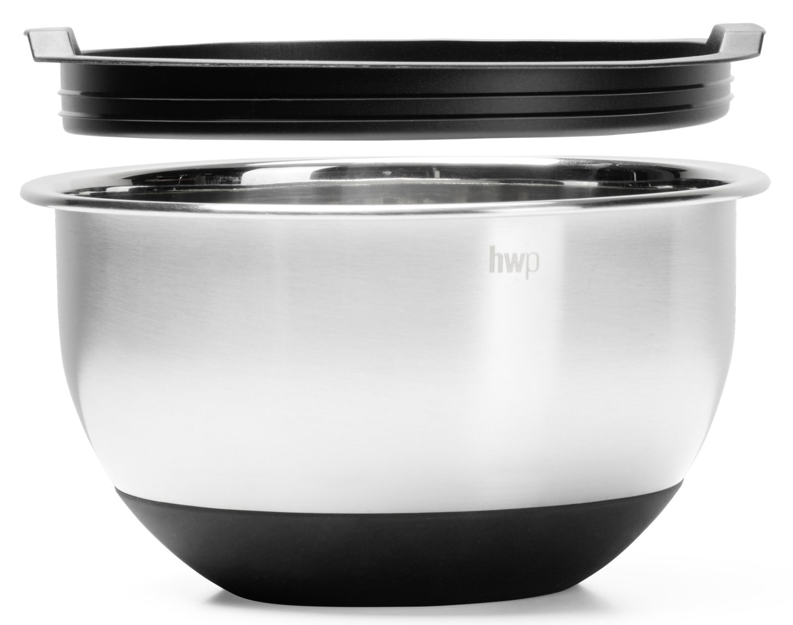 Rührschüssel aus Edelstahl mit schwarzem Deckel, seitliche Perspektive