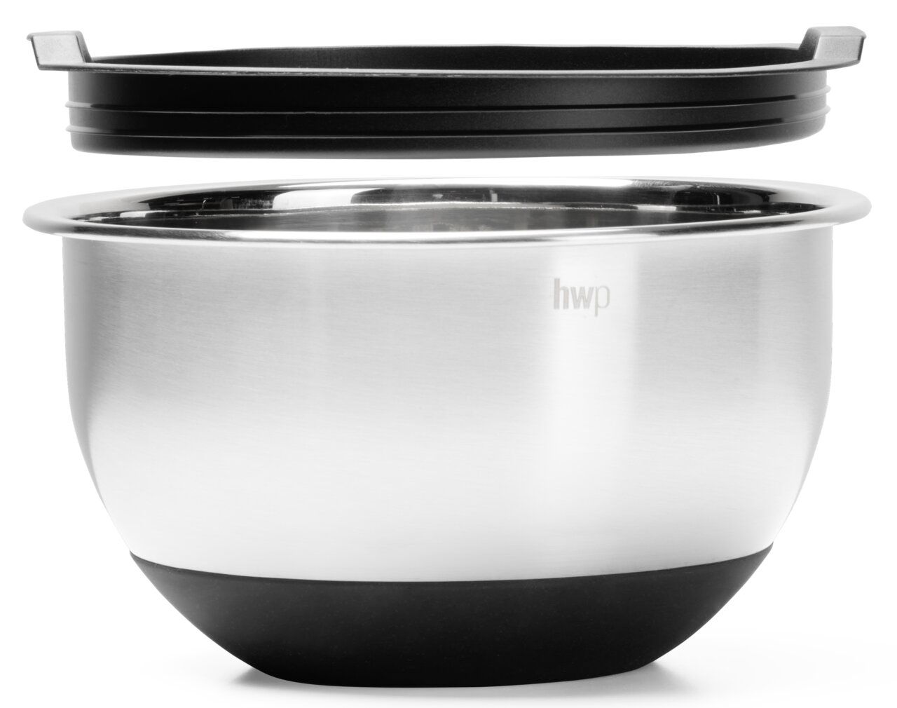 Rührschüssel aus Edelstahl mit schwarzem Deckel, seitliche Perspektive