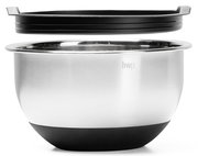 Rührschüssel aus Edelstahl mit schwarzem Deckel, seitliche Perspektive