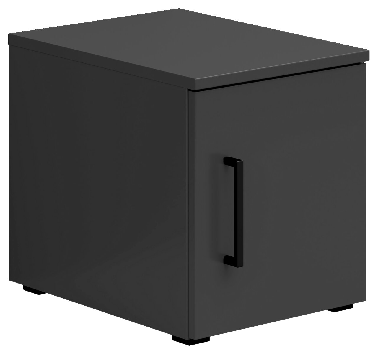 Grauer Aufsatzschrank mit schwarzem Griff, perspektivisch von vorne links betrachtet.