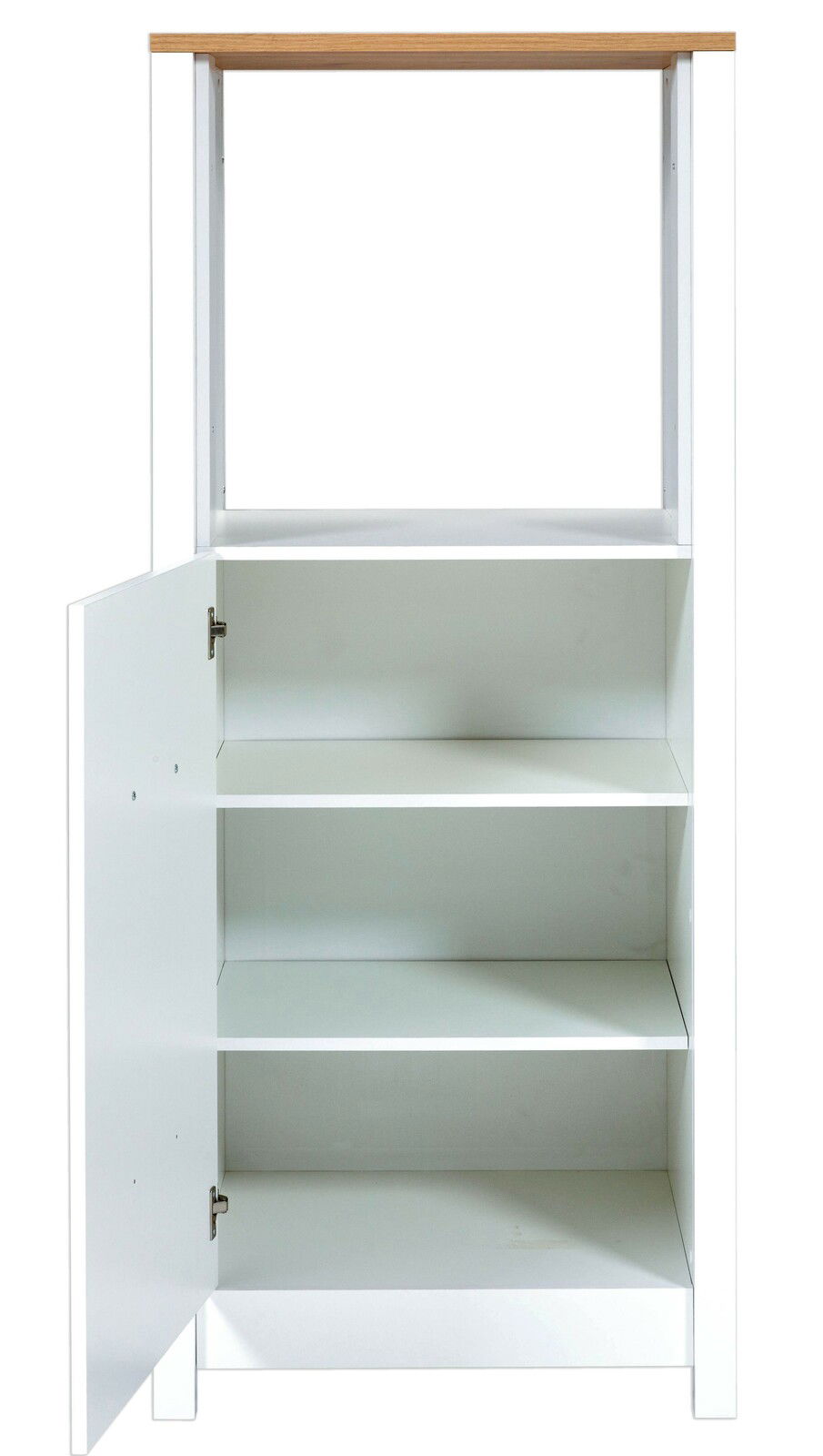 Herd-Umbauschrank SORBA in weiß mit Holzoberfläche, offene Frontansicht mit zwei Einlegeböden und einer offenen Tür.