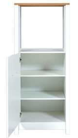 Herd-Umbauschrank SORBA in weiß mit Holzoberfläche, offene Frontansicht mit zwei Einlegeböden und einer offenen Tür.