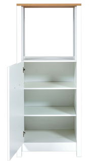 Herd-Umbauschrank SORBA in weiß mit Holzoberfläche, offene Frontansicht mit zwei Einlegeböden und einer offenen Tür.