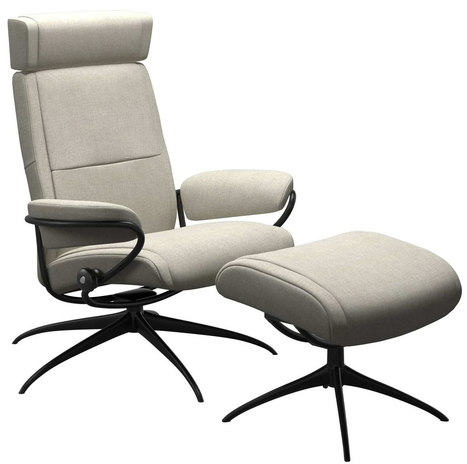 Moderner Einzelsessel mit Kopfstütze und passendem Hocker, seitliche Perspektive