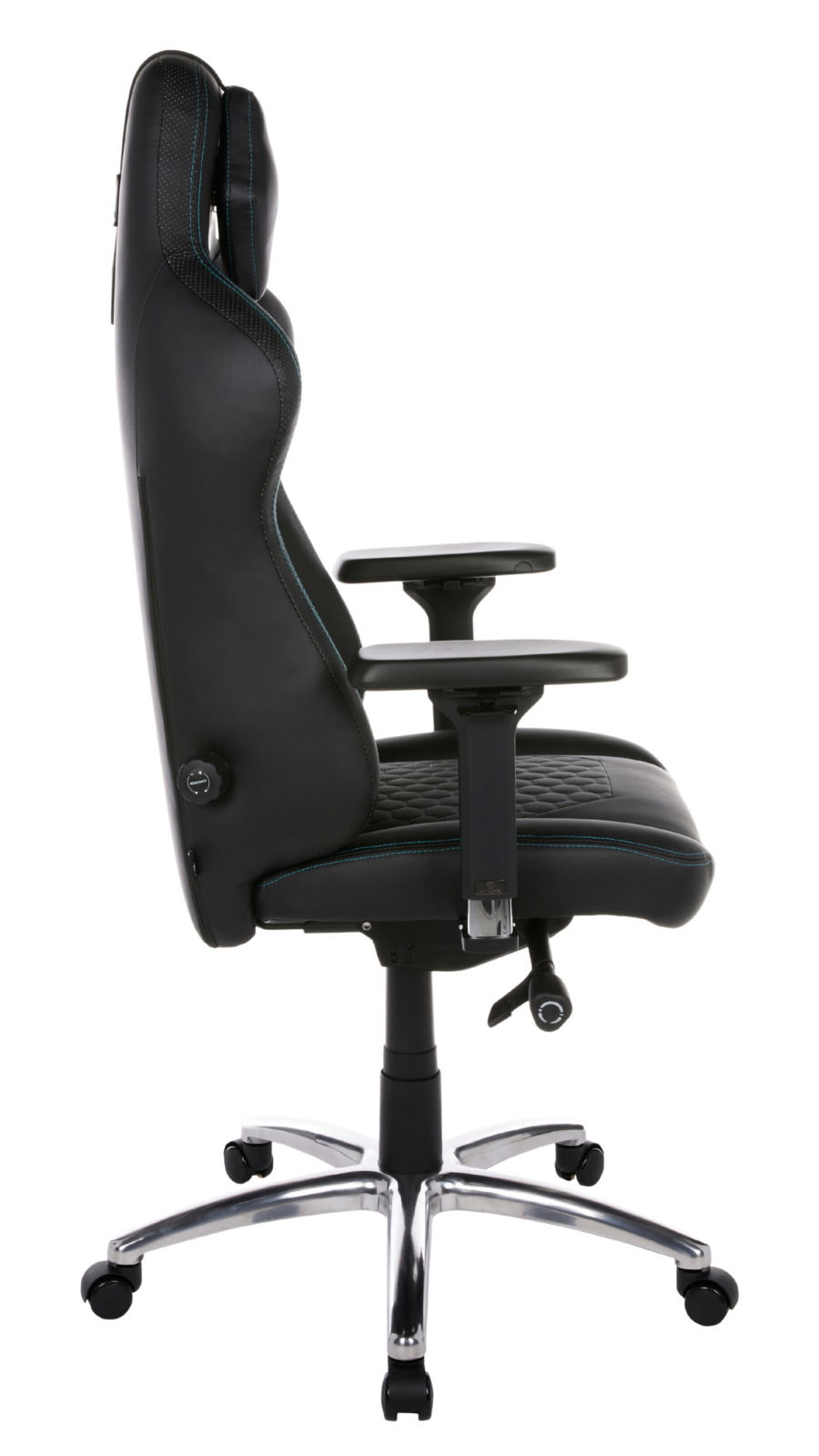 Seitliche Ansicht eines schwarzen Gaming-Stuhls mit verstellbaren Armlehnen und einem stabilen Metallfuß.