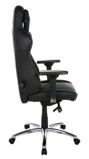 Seitliche Ansicht eines schwarzen Gaming-Stuhls mit verstellbaren Armlehnen und einem stabilen Metallfuß.