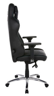 Seitliche Ansicht eines schwarzen Gaming-Stuhls mit verstellbaren Armlehnen und einem stabilen Metallfuß.