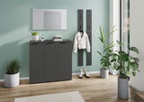 Moderner Schuhschrank in dunklem Design, frontal abgebildet, mit dekorativen Pflanzen und Wandspiegel.