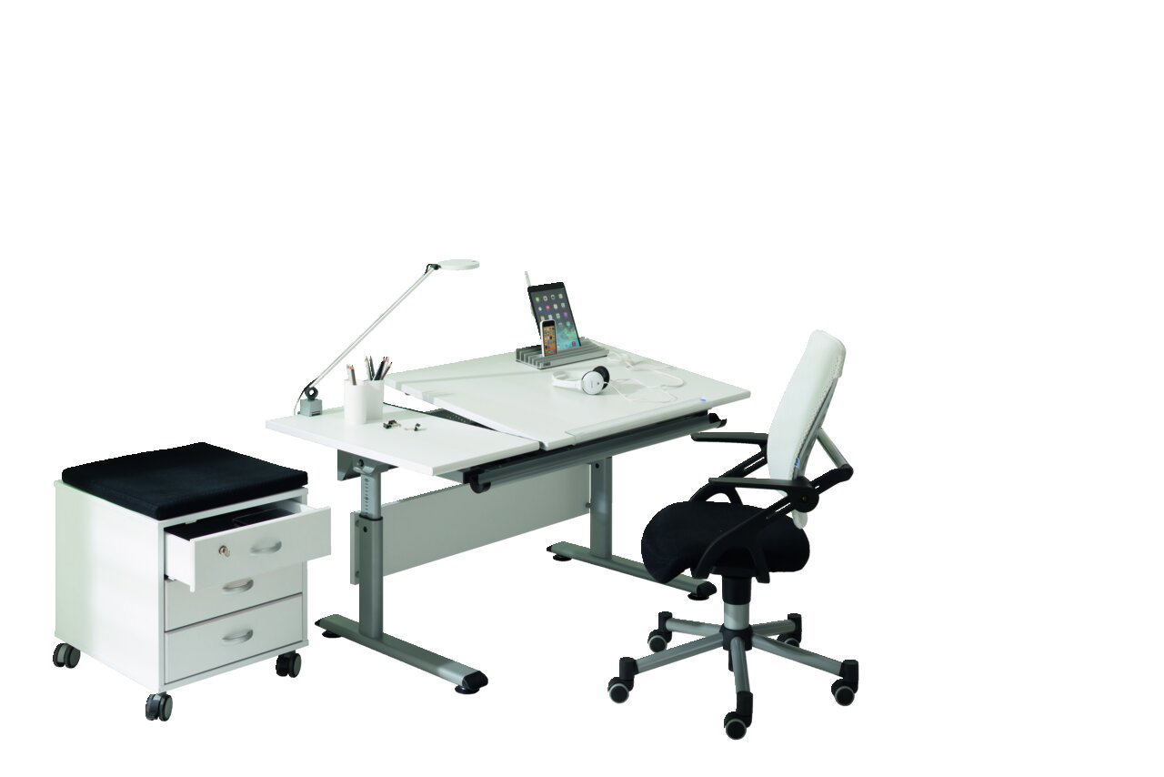 Moderner Schreibtisch mit höhenverstellbarer Tischplatte, Schubladencontainer auf Rollen und ergonomischem Bürostuhl, seitliche Perspektive