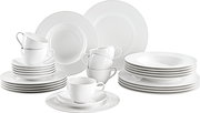 Vorderansicht eines 30-teiligen weißen Geschirrsets mit Tellern, Tassen und Untertassen, ideal für ein elegantes Tischgedeck.